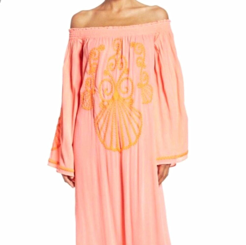 Lilly Pulitzer Nita off the shoulder, maxi Dress guava melon beading size S